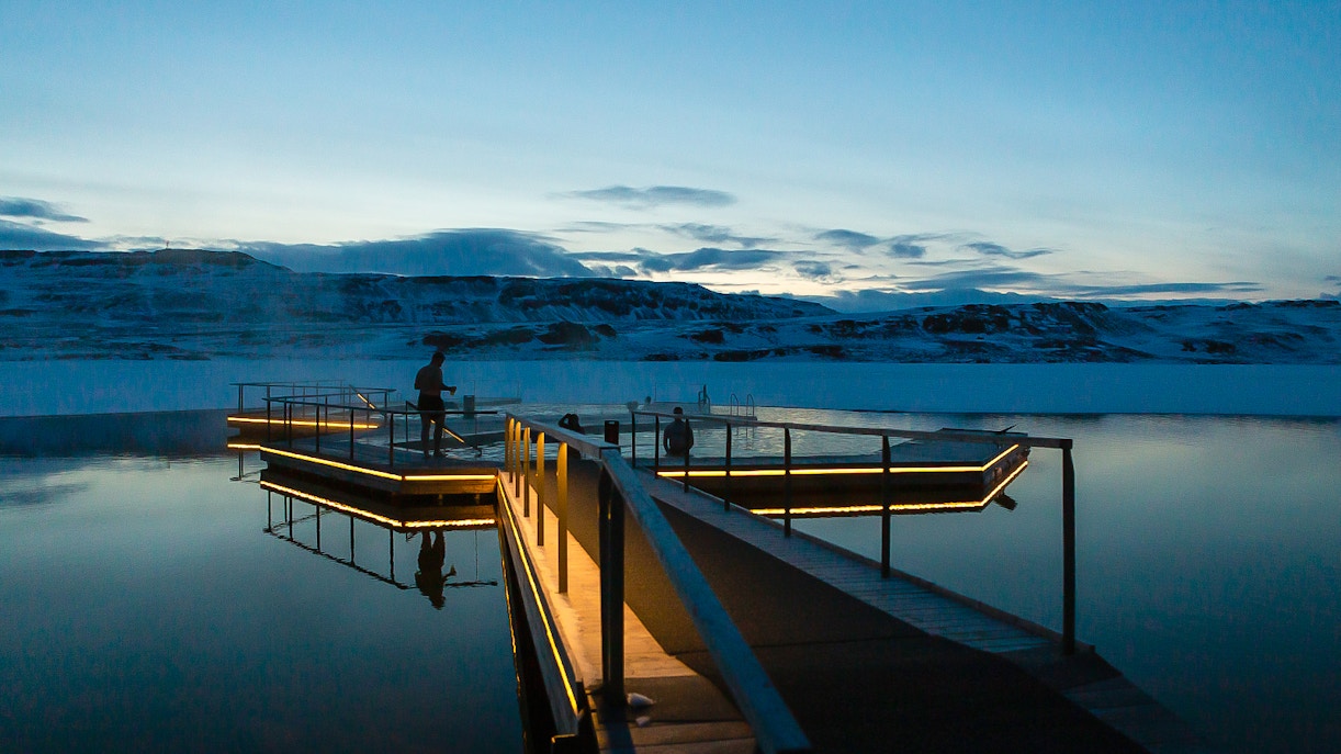 Vök Baths floating pools at dusk in Egilsstaðir, Iceland.