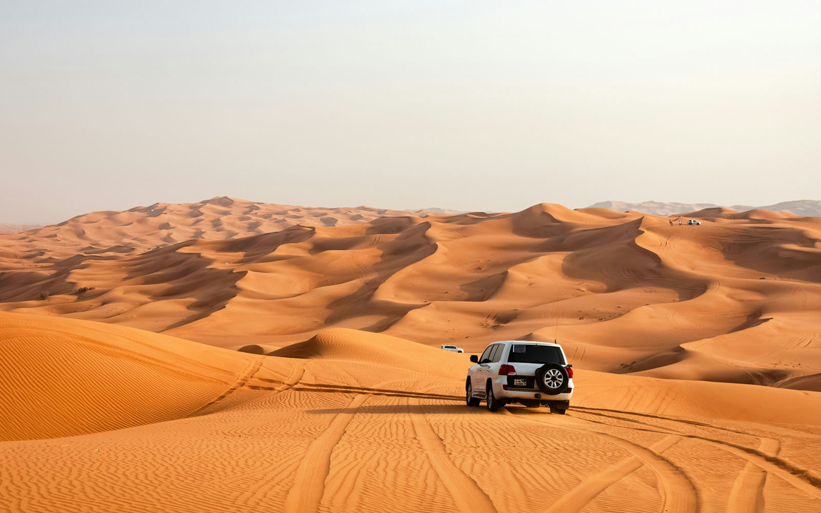 SUV driving through red dunes on a private desert safari.