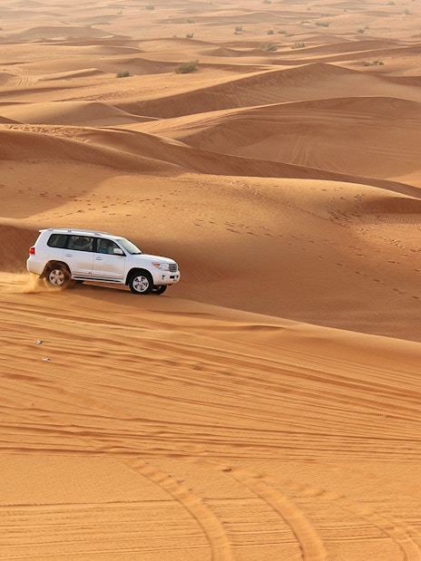 SUV driving on desert dunes during an evening safari with quad bike option.