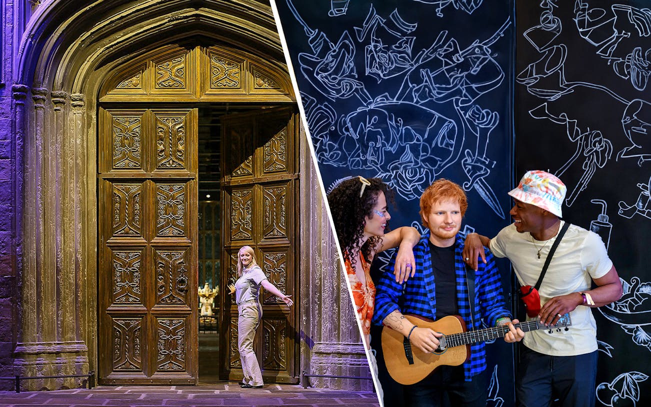 Great Hall entrance at Harry Potter Warner Bros Studio and wax figures at Madame Tussauds London.