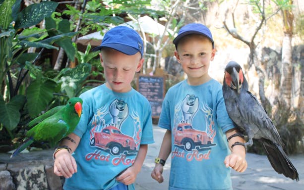Boys holding colorful parrots at Lombok Wildlife Park.