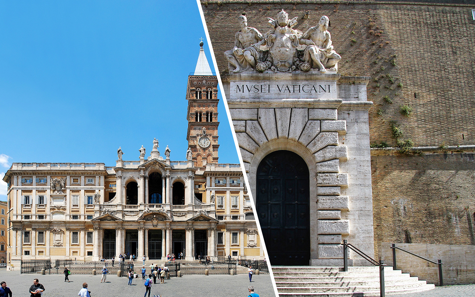 Basilica Santa Maria Maggiore facade and Vatican Museum entrance in Rome.