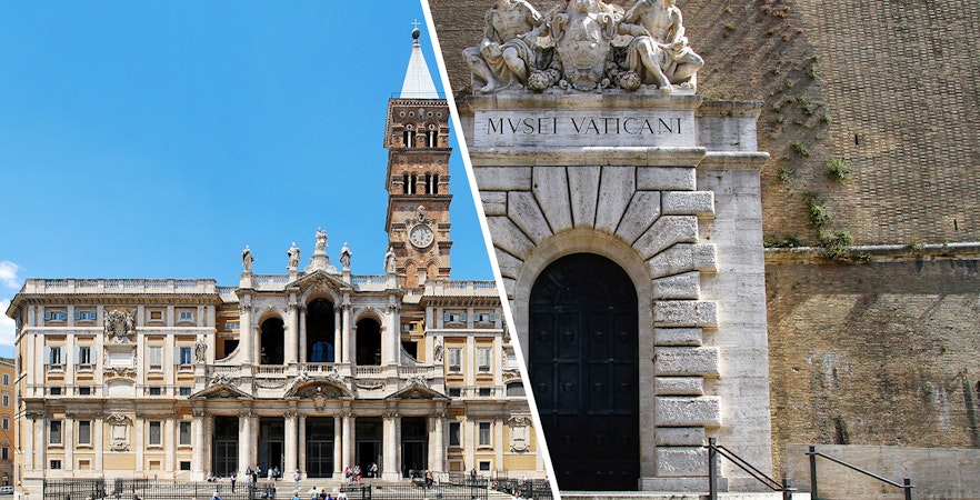 Basilica Santa Maria Maggiore facade and Vatican Museum entrance in Rome.