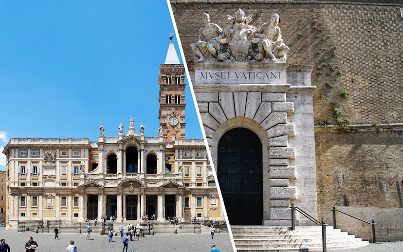 Basilica Santa Maria Maggiore facade and Vatican Museum entrance in Rome.