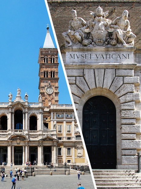 Basilica Santa Maria Maggiore facade and Vatican Museum entrance in Rome.