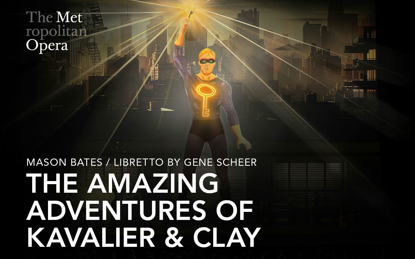 Metropolitan Opera poster for "The Amazing Adventures of Kavalier & Clay" with superhero figure.