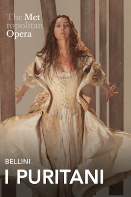 I Puritani opera poster at the Metropolitan Opera, featuring a woman in period costume.