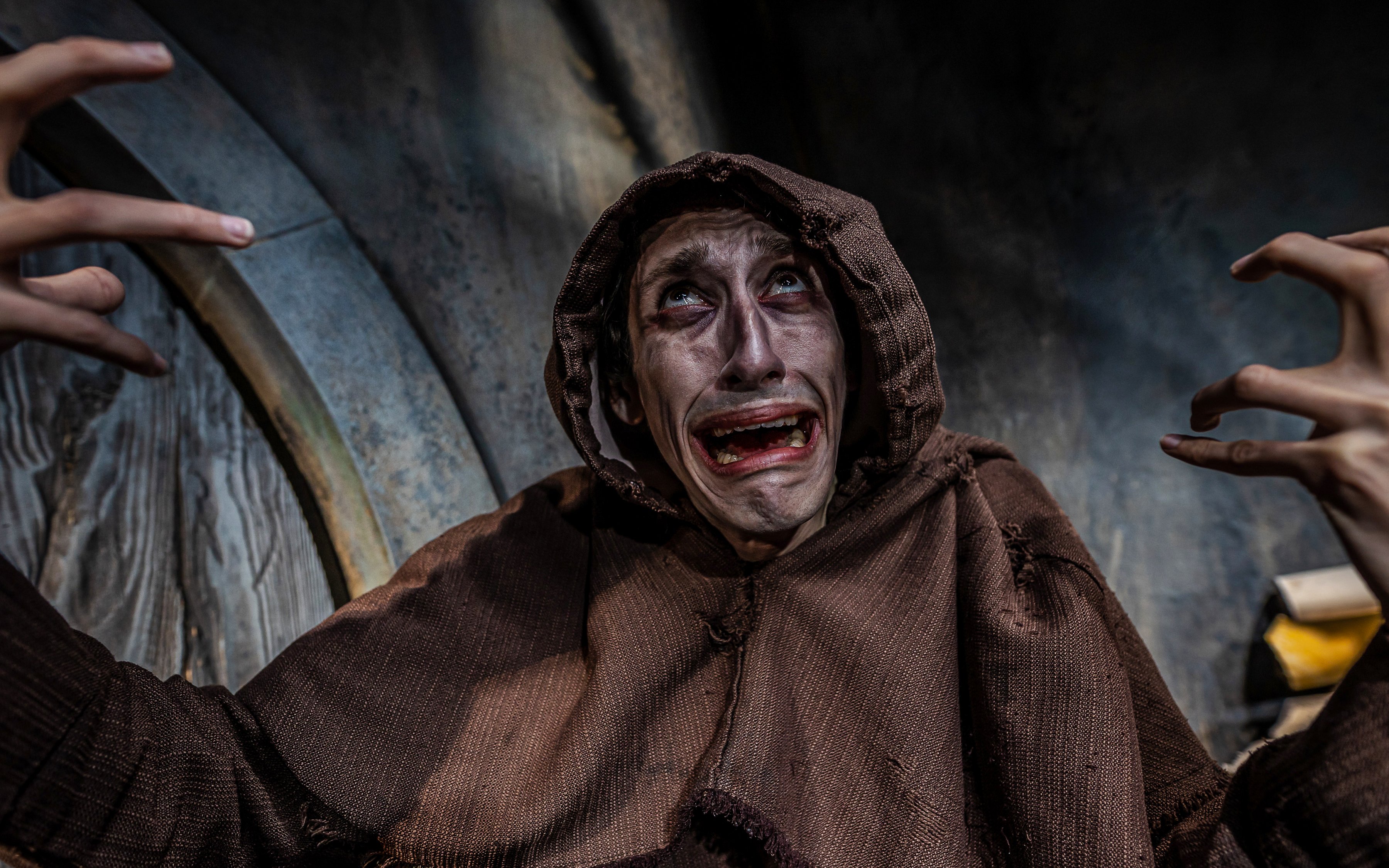 Actor in distress during Vengeance of the Vikings show at York Dungeon.
