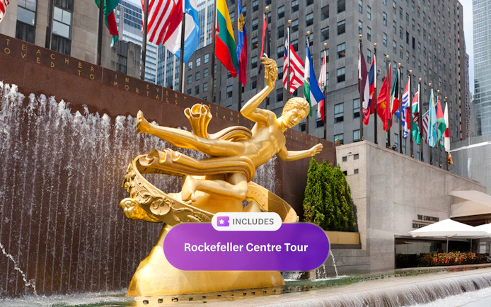 Prometheus statue at Rockefeller Center with international flags, New York Explorer Pass.