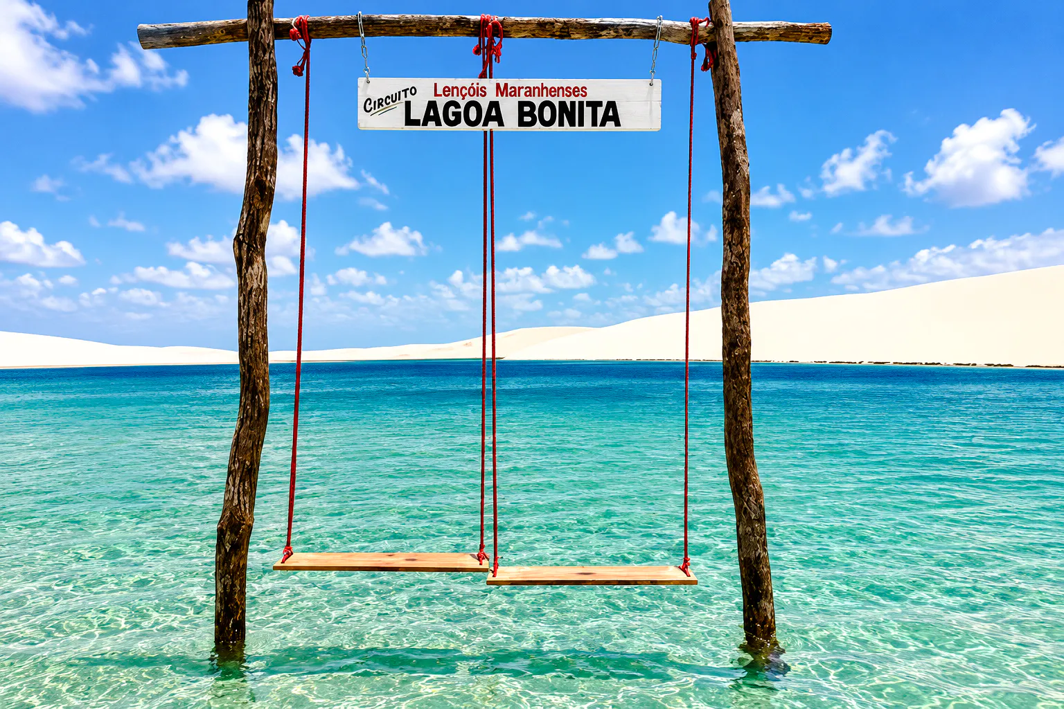 Swings over clear water at Lagoa Bonita, Barreirinhas, with sand dunes in the background.