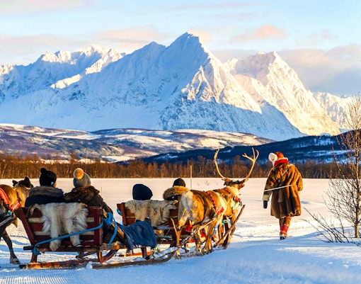 Tourists on a reindeer sled in Tromso, guided by a Sami person, with snowy mountains in the background.