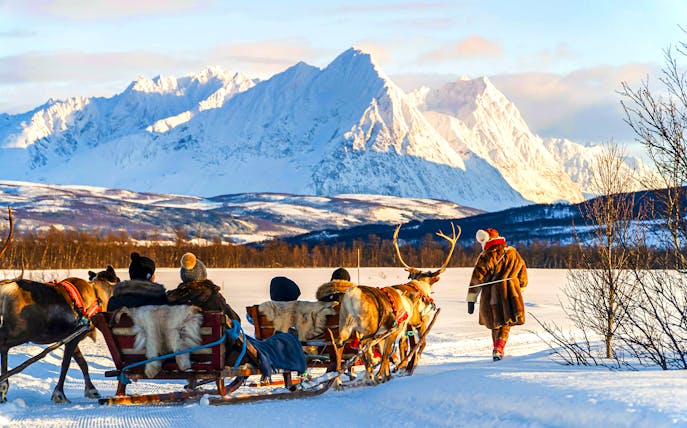 Tourists on a reindeer sled in Tromso, guided by a Sami person, with snowy mountains in the background.