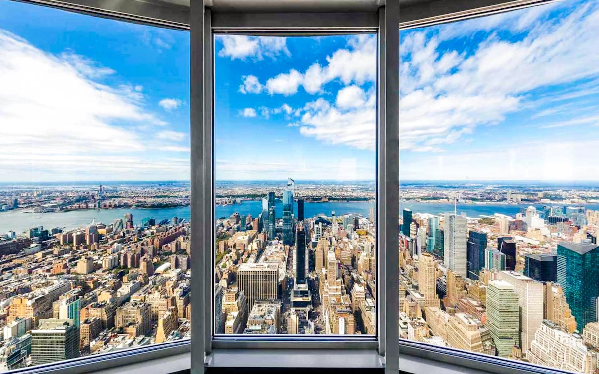 View of New York City skyline and Hudson River from Empire State Building.