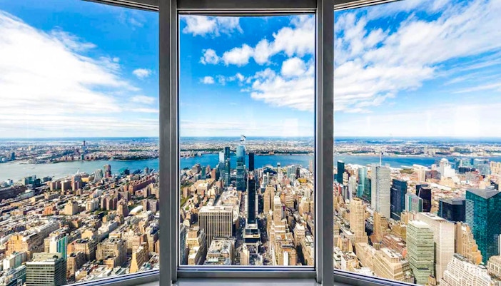View of New York City skyline and Hudson River from Empire State Building.