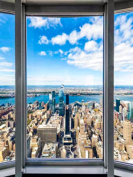 View of New York City skyline and Hudson River from Empire State Building.
