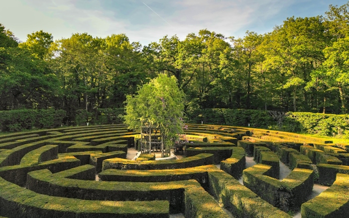 Chenonceau Castle garden maze surrounded by lush greenery in France.