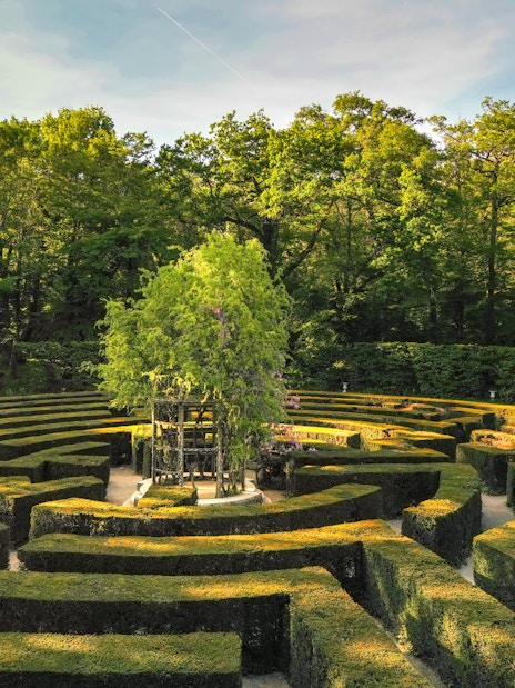 Chenonceau Castle garden maze surrounded by lush greenery in France.