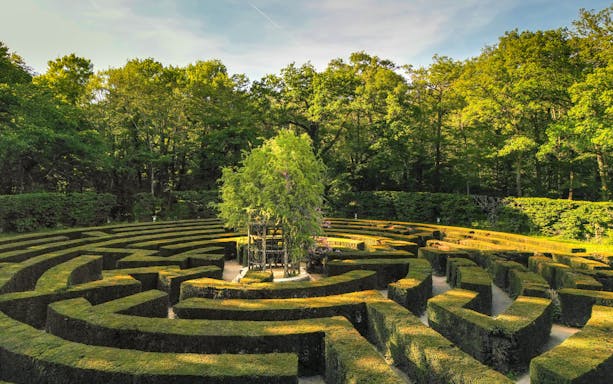Chenonceau Castle garden maze surrounded by lush greenery in France.