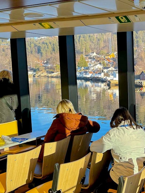 Sightseeing cruise passengers view Oslo fjord landscape through large windows.