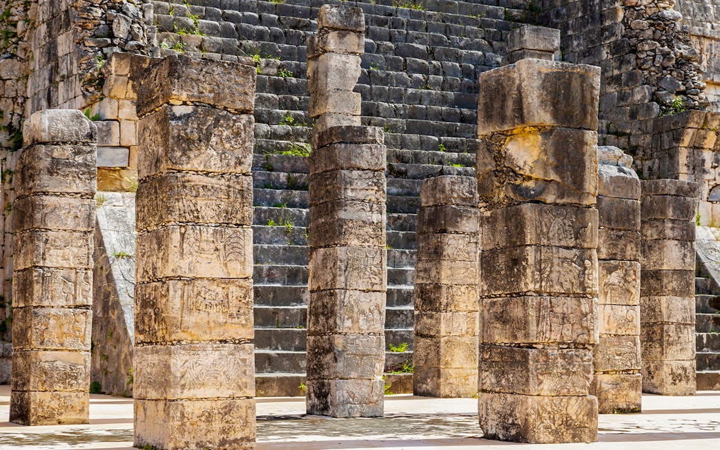 Stone columns at the Temple of Warriors, Chichen Itza, Mexico.