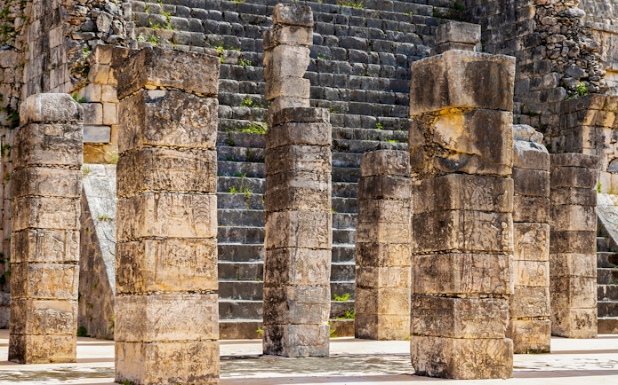 Stone columns at the Temple of Warriors, Chichen Itza, Mexico.