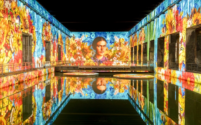 Frida Kahlo artwork projected at Bassins Des Lumieres exhibition, vibrant floral display.