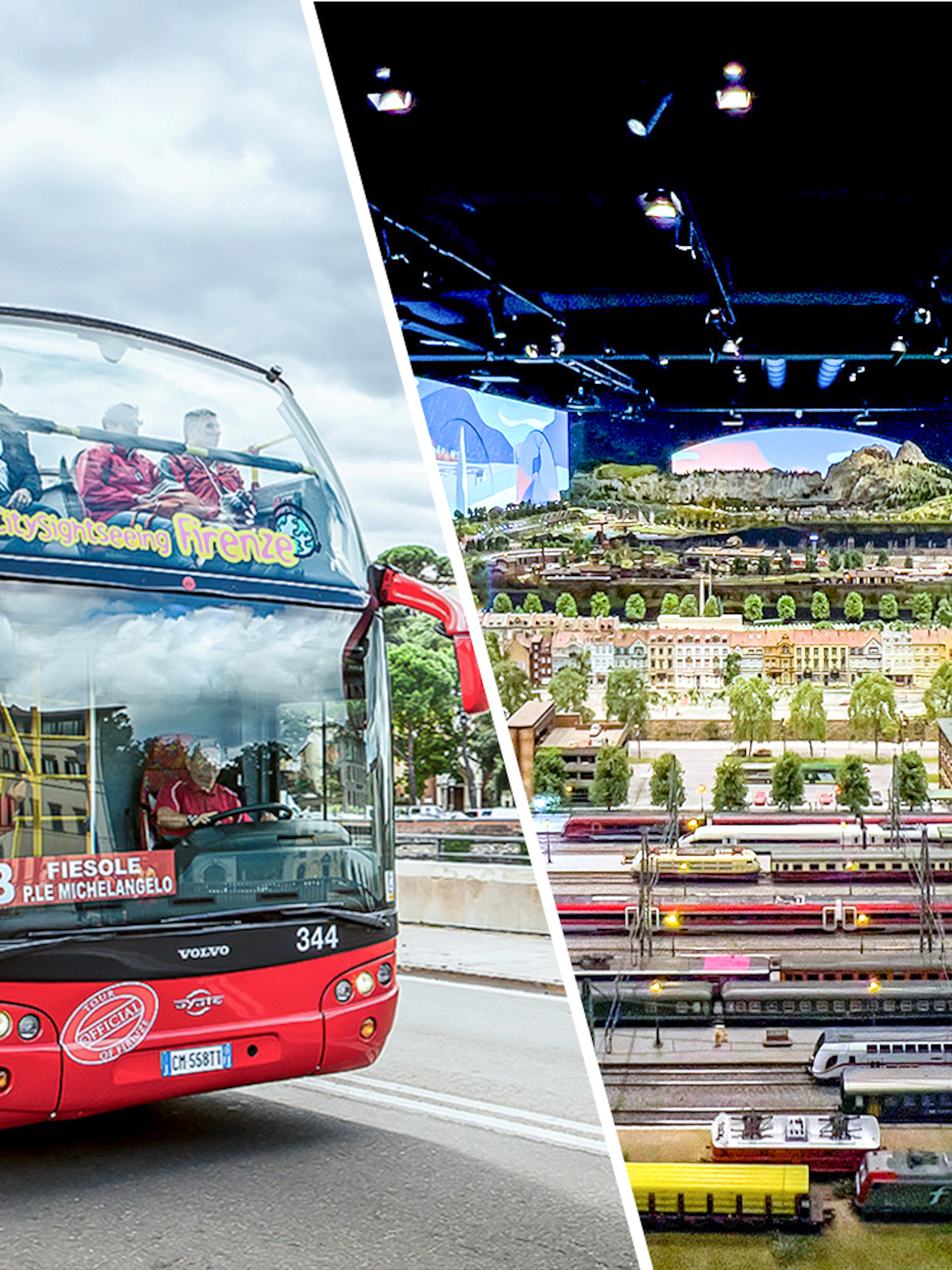 Open-top tour bus in Florence and model train exhibit at Hzero.