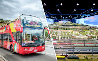 Open-top tour bus in Florence and model train exhibit at Hzero.