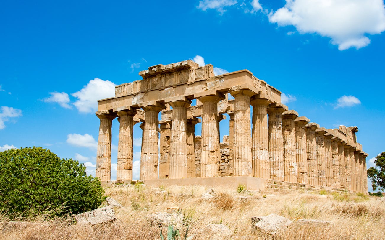 Ancient Greek temple ruins at Segesta Archaeological Park, Sicily.