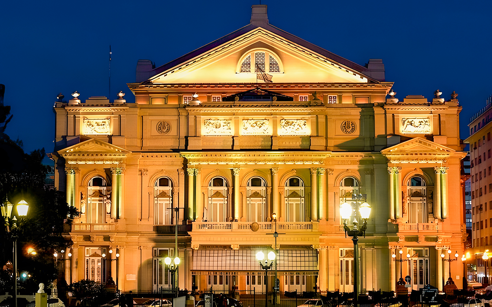 Teatro Colon exterior illuminated at night, Buenos Aires.