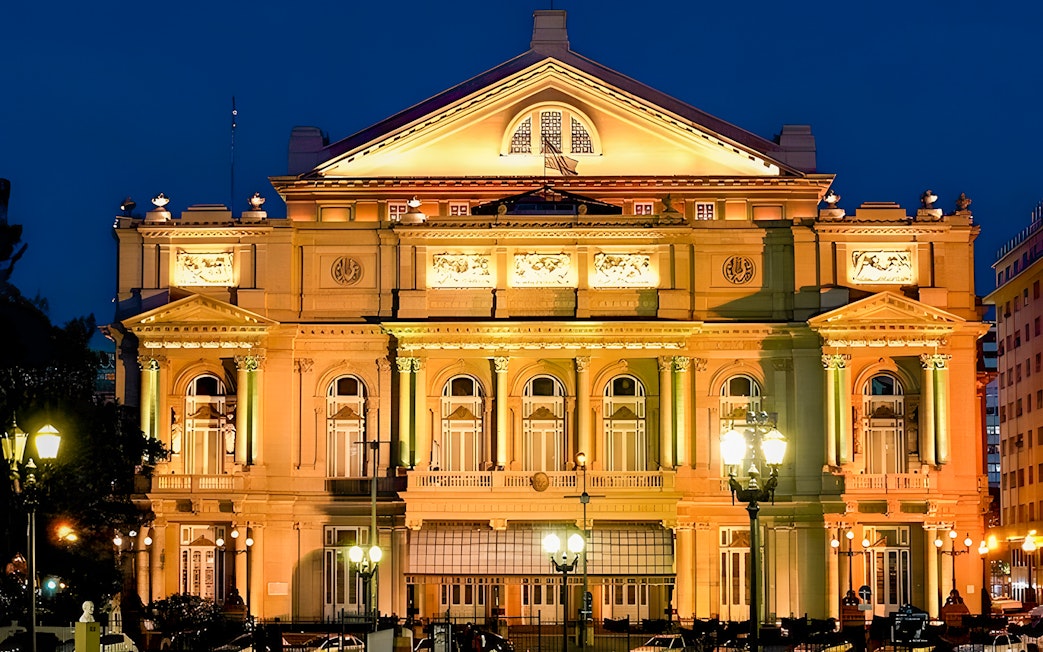 Teatro Colon exterior illuminated at night, Buenos Aires.