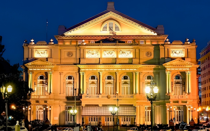 Teatro Colon exterior illuminated at night, Buenos Aires.