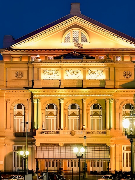 Teatro Colon exterior illuminated at night, Buenos Aires.