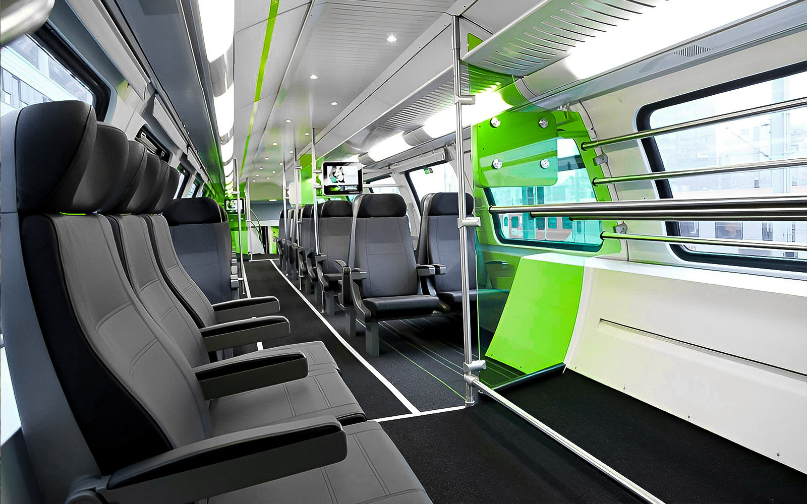 Vienna City Airport transfer train interior seating arrangement.
