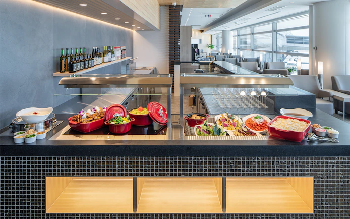 Buffet spread at Plaza Premium Lounge, Chubu Centrair International Airport.