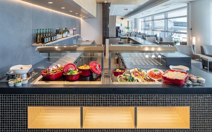 Buffet spread at Plaza Premium Lounge, Chubu Centrair International Airport.