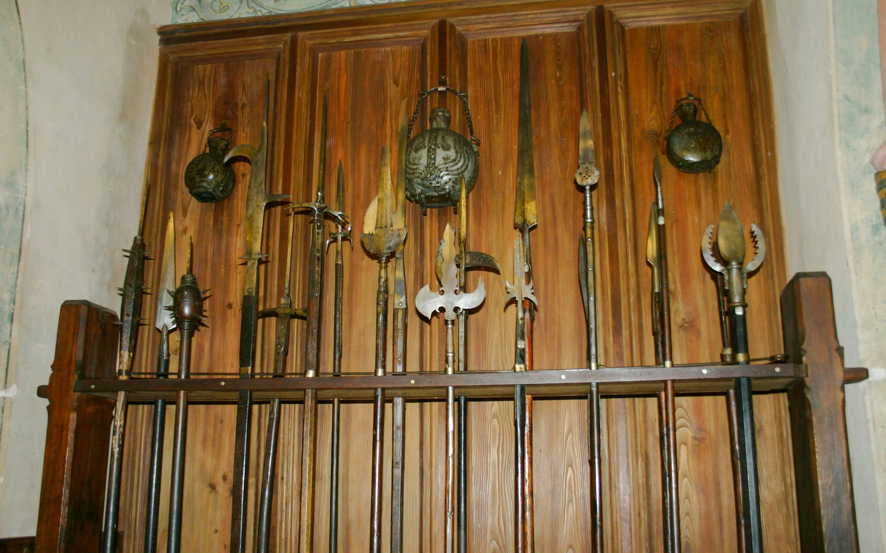 Medieval weapons display at Haut-Koenigsbourg Castle, France.