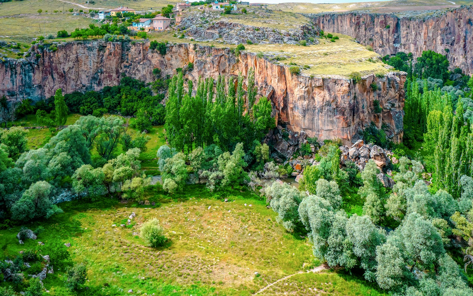 Ihlara Valley's lush greenery and steep cliffs in Cappadocia, Turkey.