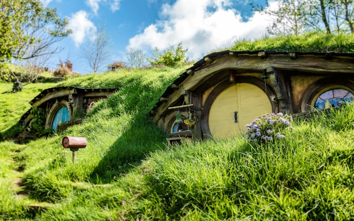 Hobbit house with round door and windows on Hobbiton movie set tour.