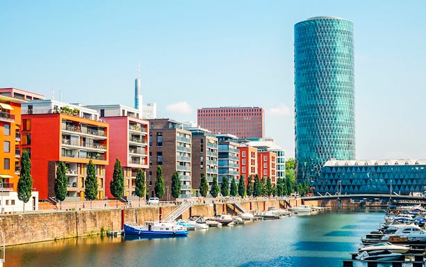 Westhafen Tower and waterfront buildings in Frankfurt, Germany.
