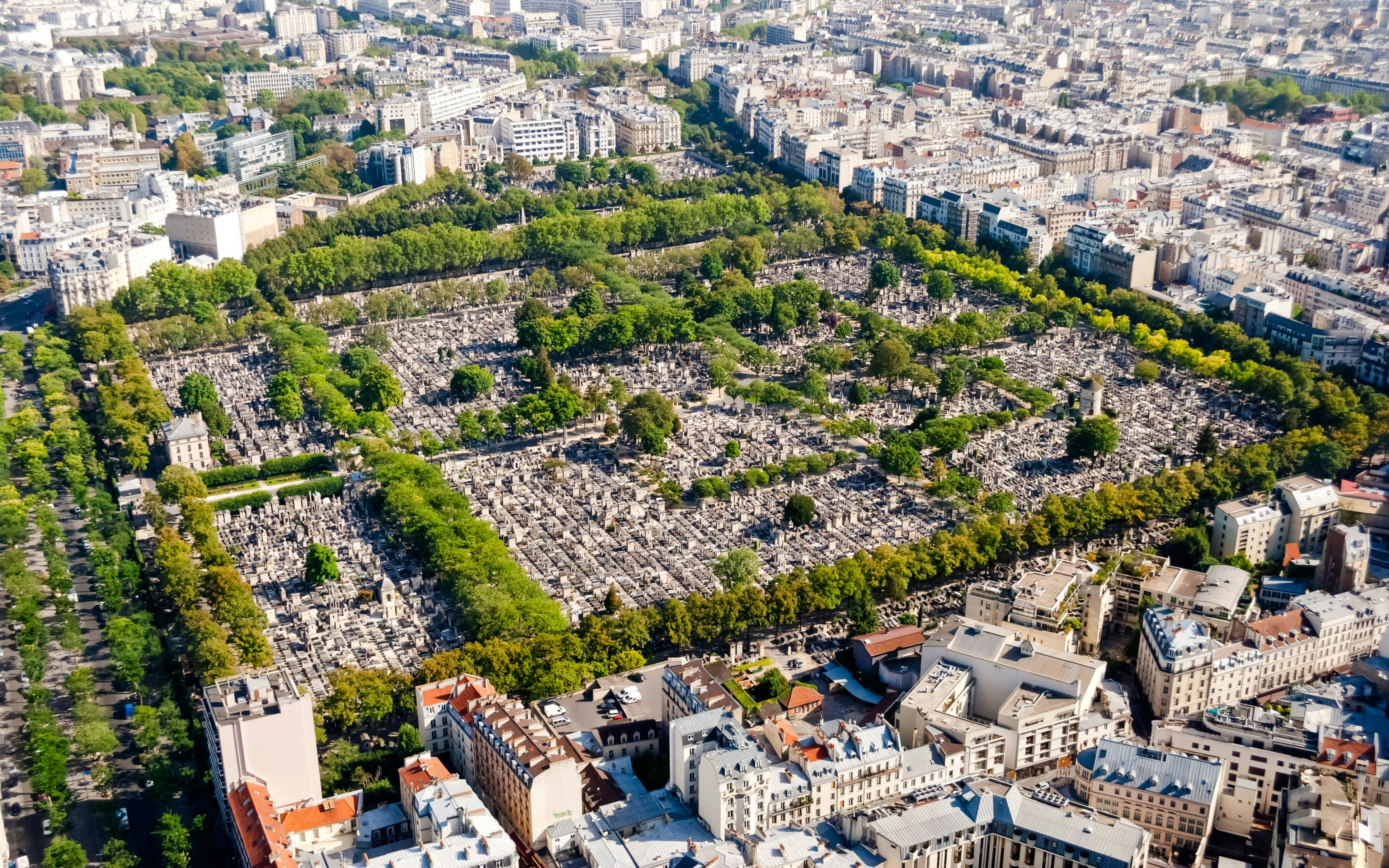 Aerial view of Montparnasse Cemetery in Paris, surrounded by trees and city buildings.