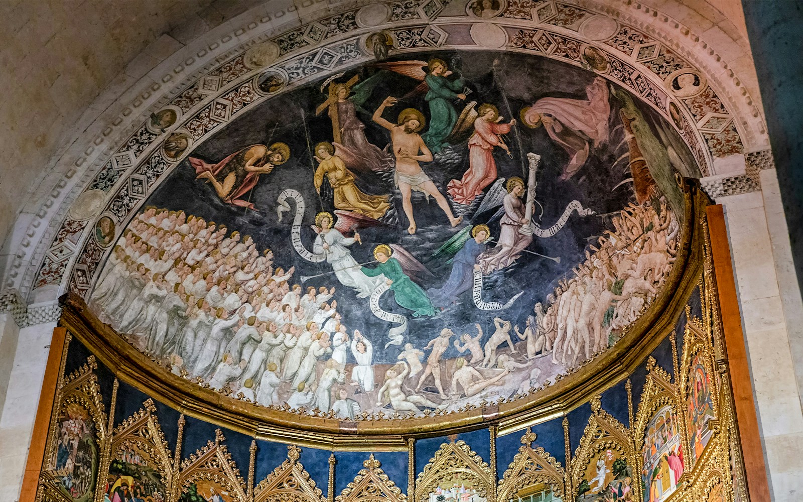 Altarpiece depicting religious scene in the old Cathedral of Salamanca, Spain.