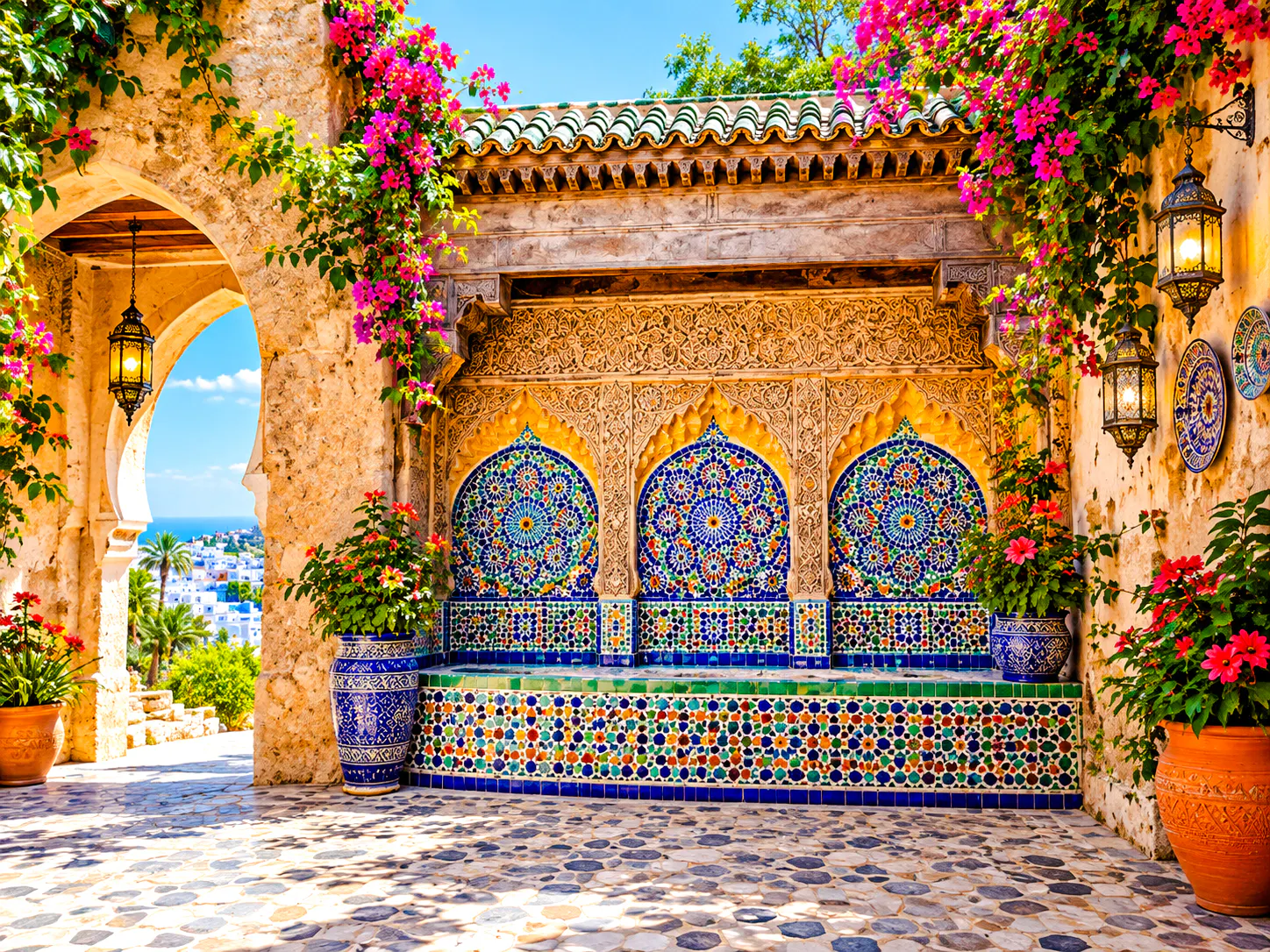 Ornate Moroccan tiles and archway with flowers in Tangier, Morocco.