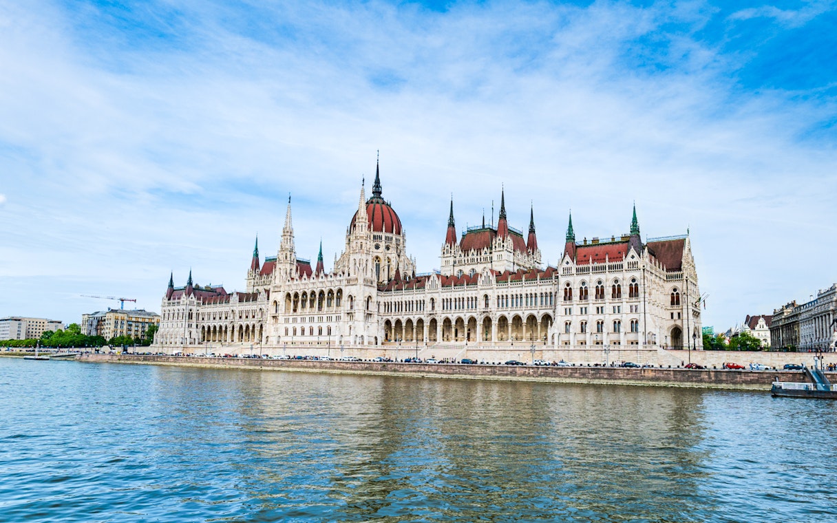 Hungarian Parliament Building along Danube River, Budapest, Hungary.