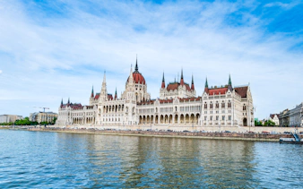 Hungarian Parliament Building along Danube River, Budapest, Hungary.