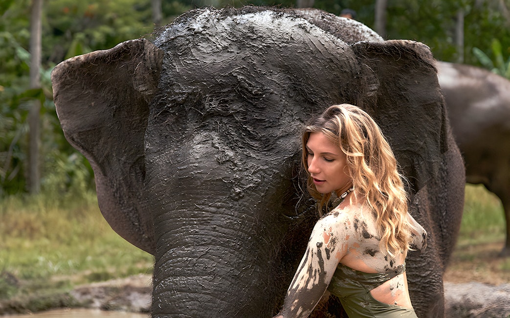 Person interacting with a mud-covered elephant at Bali Zoo's Elephant Mud Fun experience.