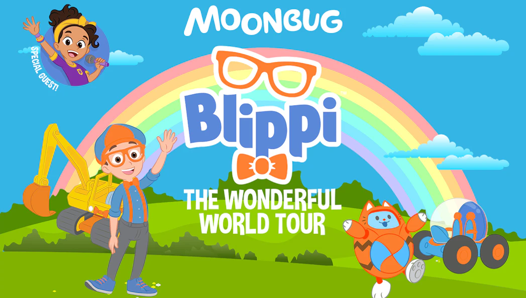 Blippi character with excavator and rainbow, promoting The Wonderful World Tour.
