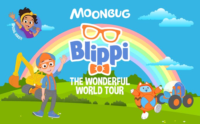 Blippi character with excavator and rainbow, promoting The Wonderful World Tour.