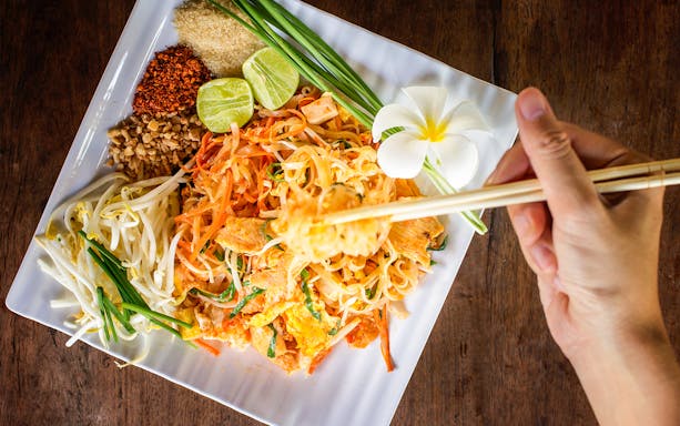 Pad Thai with garnishes in Thai cooking class at Mama Noi Organic Garden.