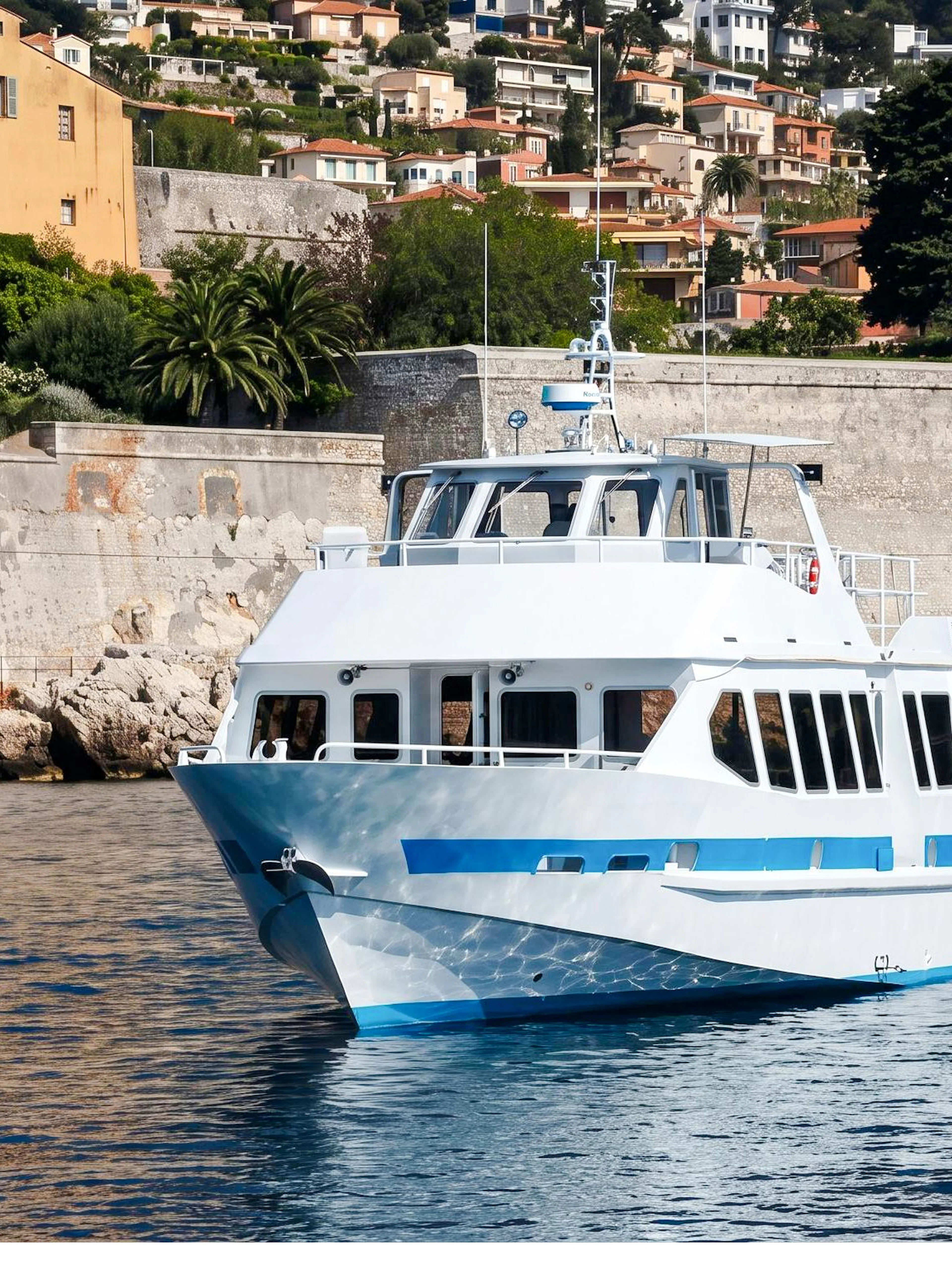 Boat cruising near Villefranche-sur-Mer with colorful hillside buildings in the background.